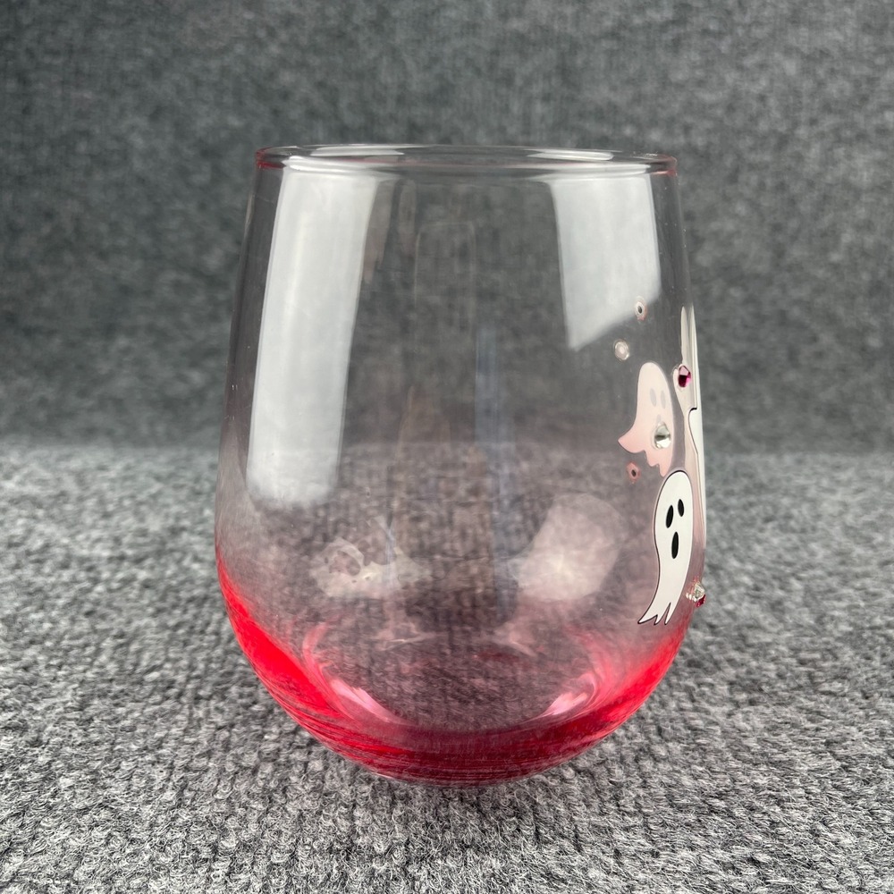 Cobwebs & Cauldrons Halloween Pink Ghost Rhinestone Stemless Wine Glass NEW - Picture 8 of 14